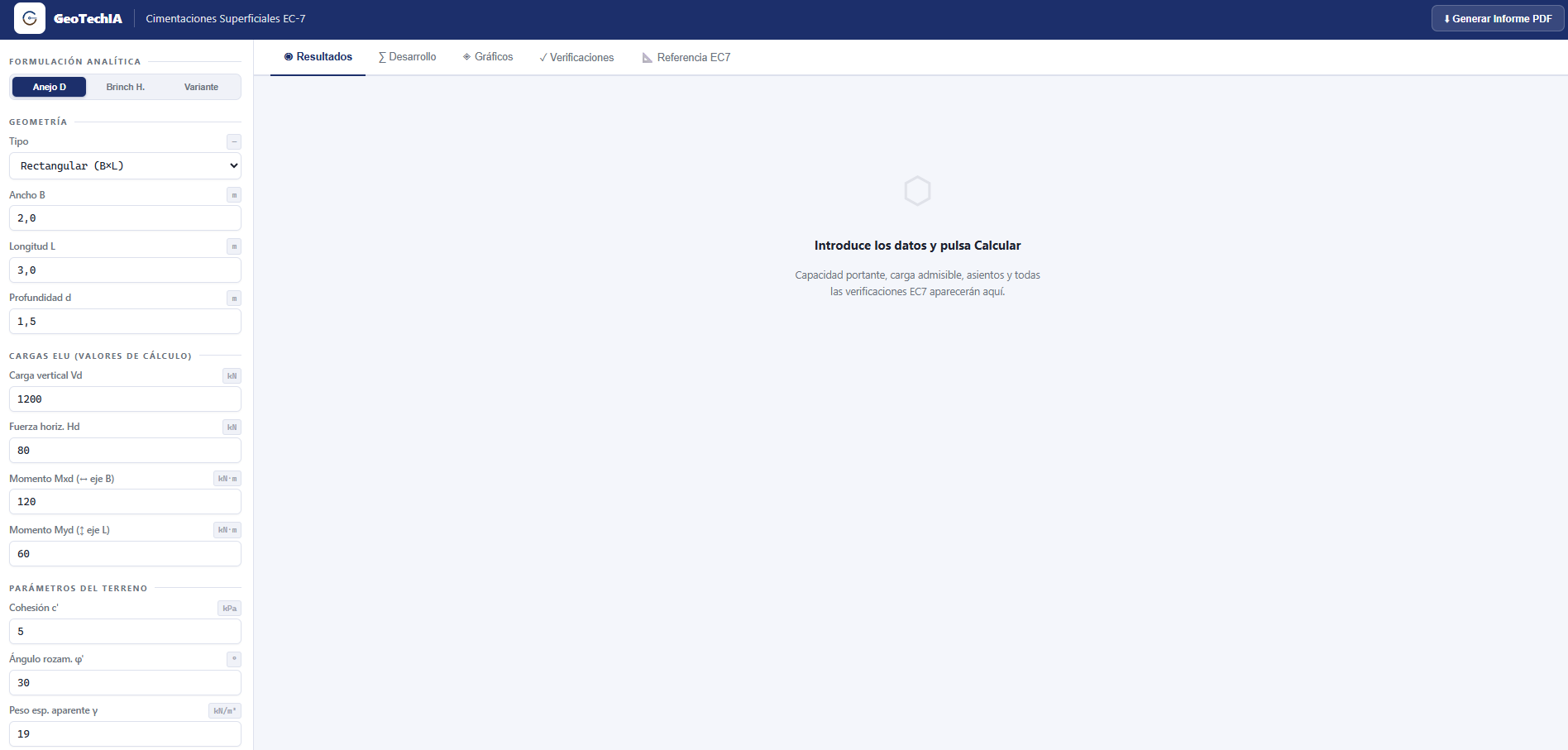 Interfaz de la aplicación de diseño de cimentación superficial según EC-7