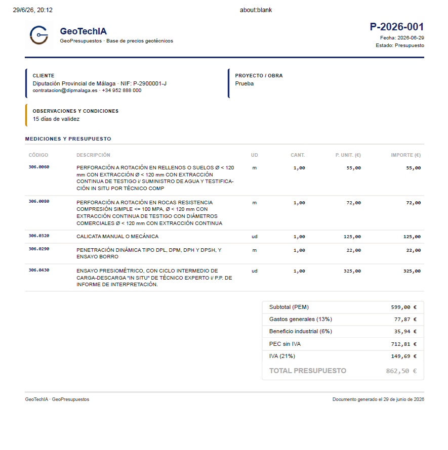 presupuesto exportado en app presupuestos GeoTechIA