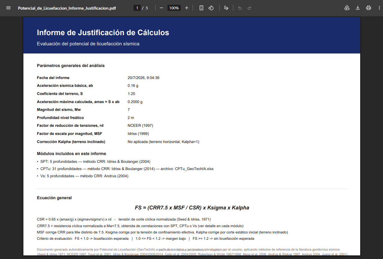 Informe descargable PDF de la aplicación de cálculo de potencial de licuefacción