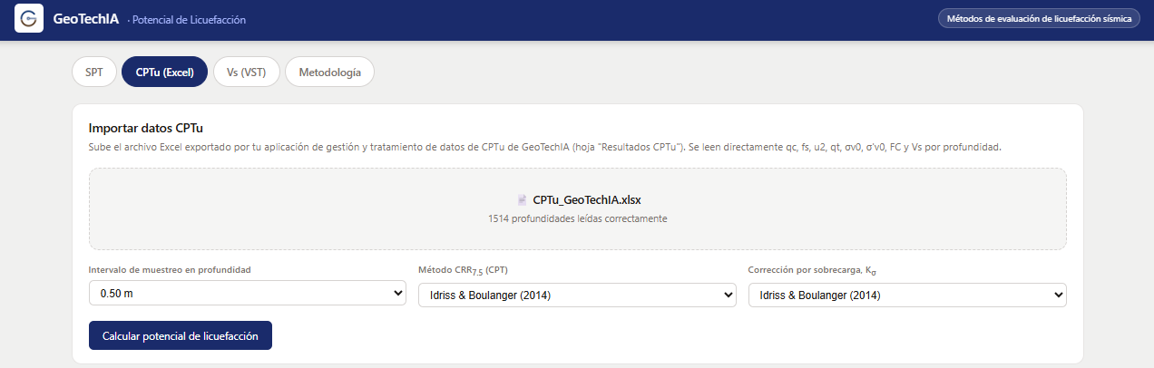 Método CPTu de la aplicación de cálculo de potencial de licuefacción