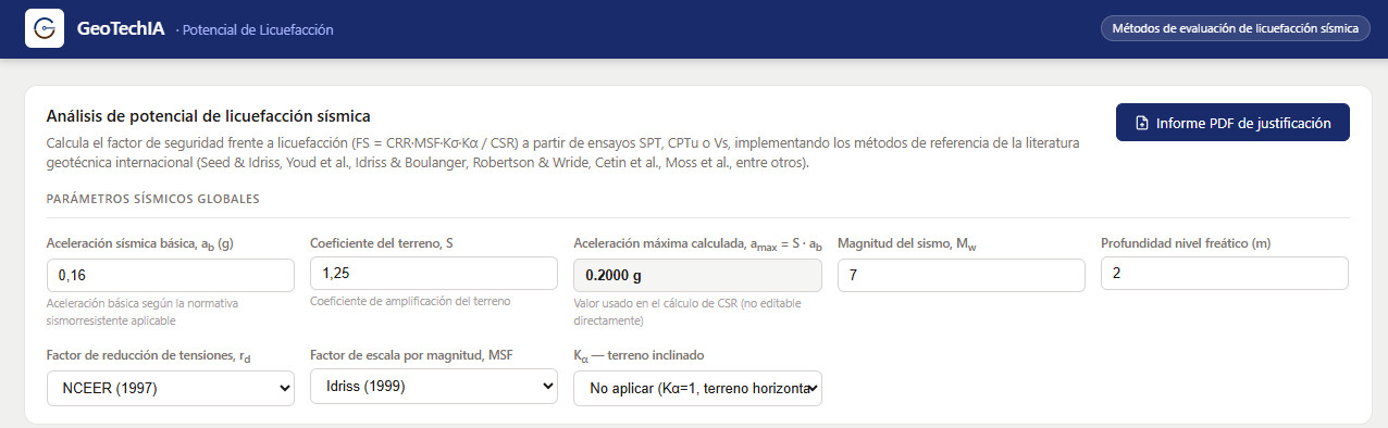 Interfaz de la aplicación de cálculo de potencial de licuefacción