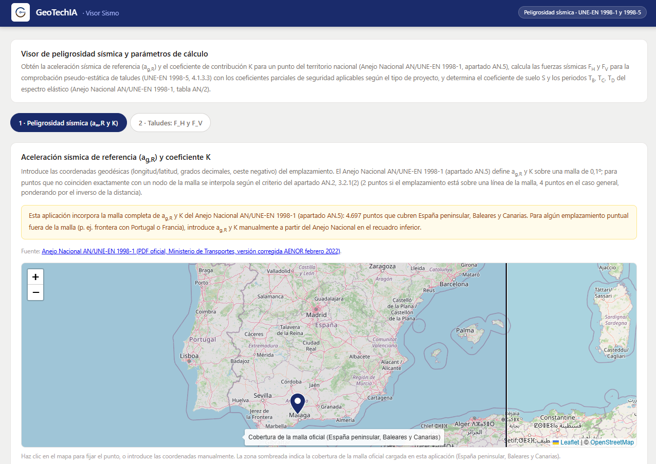 Interfaz de inicio de la aplicación de obtención de parámetros sísmicos